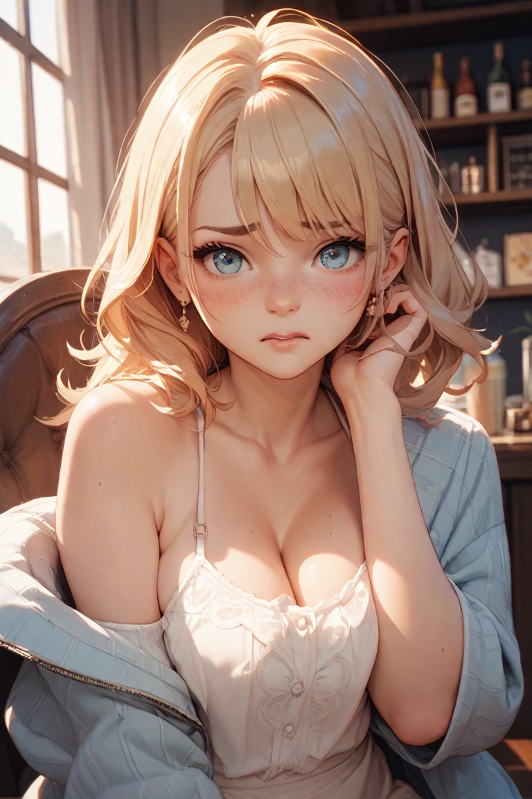 masterpiece, absurdres, best quality, ultra detailed, high Resolution, detailed illustration, bright colour, (extremely beautiful detailed face and eyes, Delicate beautiful face, 1 girl, cute face:1.3), (magenta eyes:1.1), sparkling eyes, big eyes, big breasts, (perky breasts:1.1), (pointy breasts:1.1), medium hips, glamorous body, white skin, BREAK, (blonde hair:0.8), messy hair, detailed hair, shiny hair, BREAK (down blouse, mini casual dress:1.3), perfect lighting, (embarrassed:1.3), (ecstasy, vulgarity:1.5), (trembling:0.8), (Meeting:1.3),