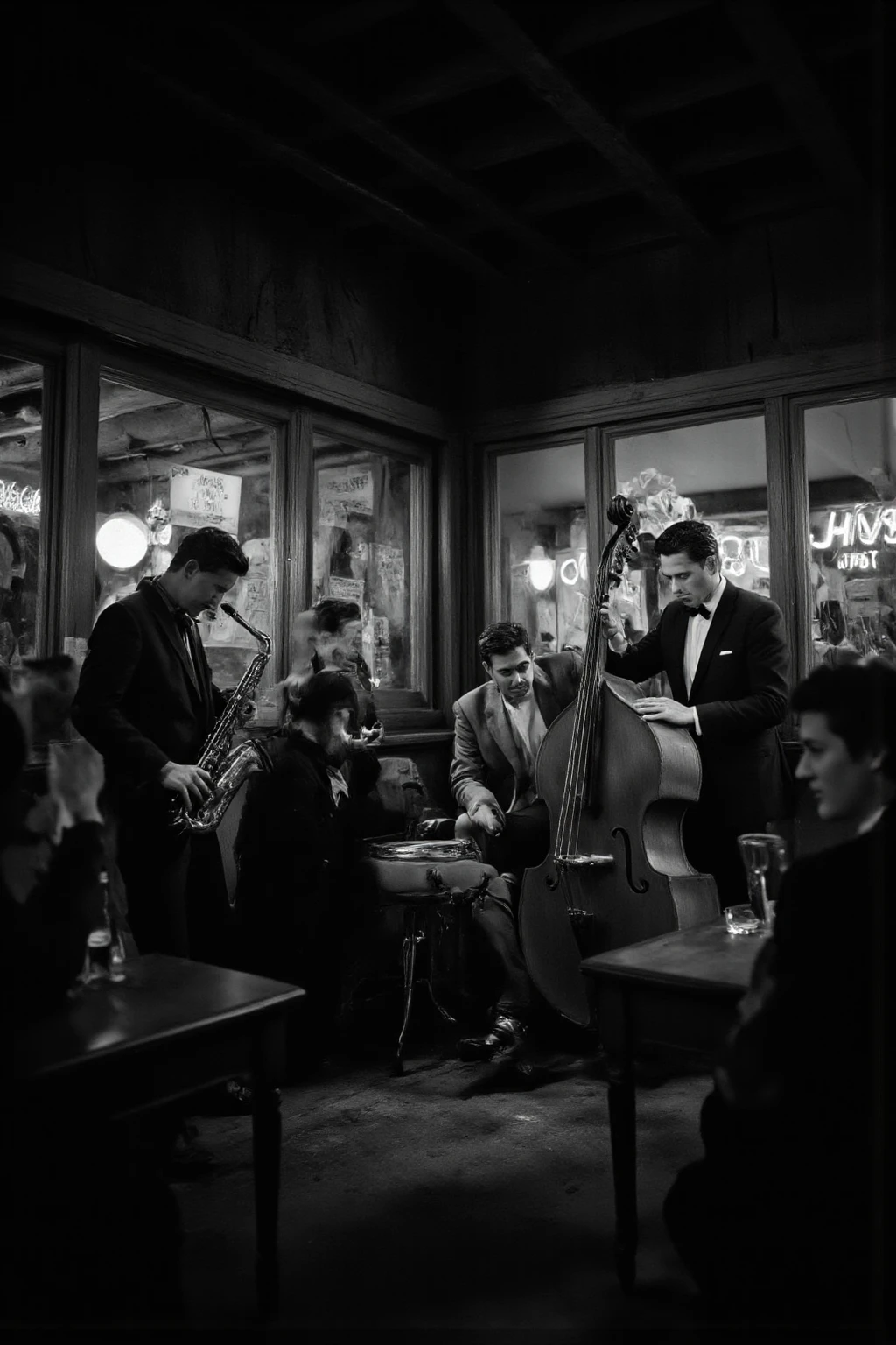 a jazz quartet playing on a small stage in a dive in the 60s, black and white cinematic image, small touches of color in wood and liquids,