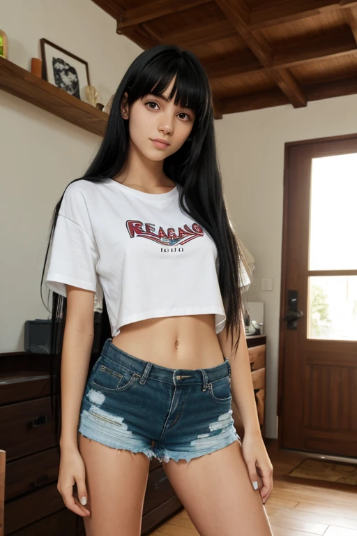 1girl,solo, from front, black hair, blue eyes, long hair, hair between eyes, indoors, crop top overhang, huge breasts, underboob, micro shorts, cowboy shot, bare arms, short sleeves, arms at sides, legs,((pussy)),standing,no panties, gorin, open fly