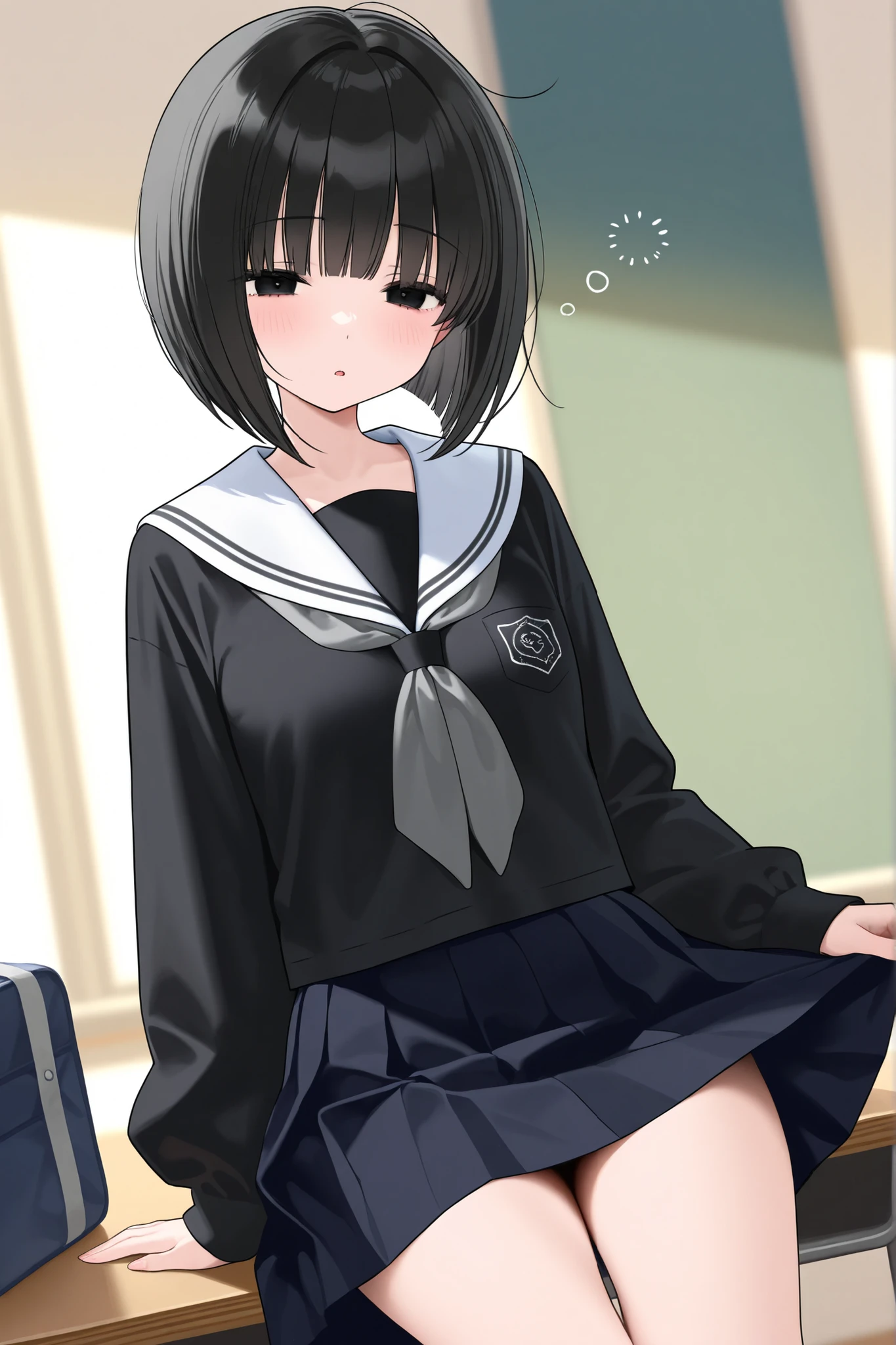 Black Haired Black Eyes Bob Cute Student Uniform Shirt Sleepy