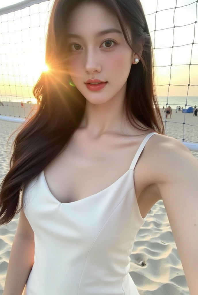 1 Girl,seaside,Soft Light,Chinese Beauty,Tight Fit,Dress,Dark-haired,long hair