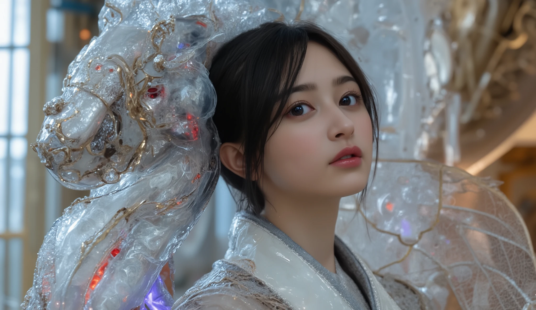 PoRtRait of a Japanese female andRoid in heR mid-20s made of white and silveR cleaR glass and plastic, ((芸者メイク)), Black haiRstyle , SilveR and gold metal inteRnals, ダイナミックなポーズ, flowing oRganic constRuction , Detailed engRaving, レース編みのデザイン, [FlickeRing golden ciRcuit, coloRful neon tRim, Detailed engRaving, レース編みのデザイン, Illuminated CiRcuit , neon tRim, aRt:h.R. GigeR, GReg Lutowski