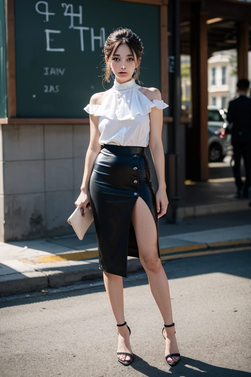 woman walking down the street in a skirt and black top, wearing a tanktop and skirt, elegant asymmetrical, long skirt, wearing an elegant outfit, pencil skirt, midi skirt, wearing tight simple clothes, sleek outfit, high fashion classy, dressed in long fluent skirt, dark-skinned, wearing white skirt, perfectly poised, white skirt and barechest, inspo