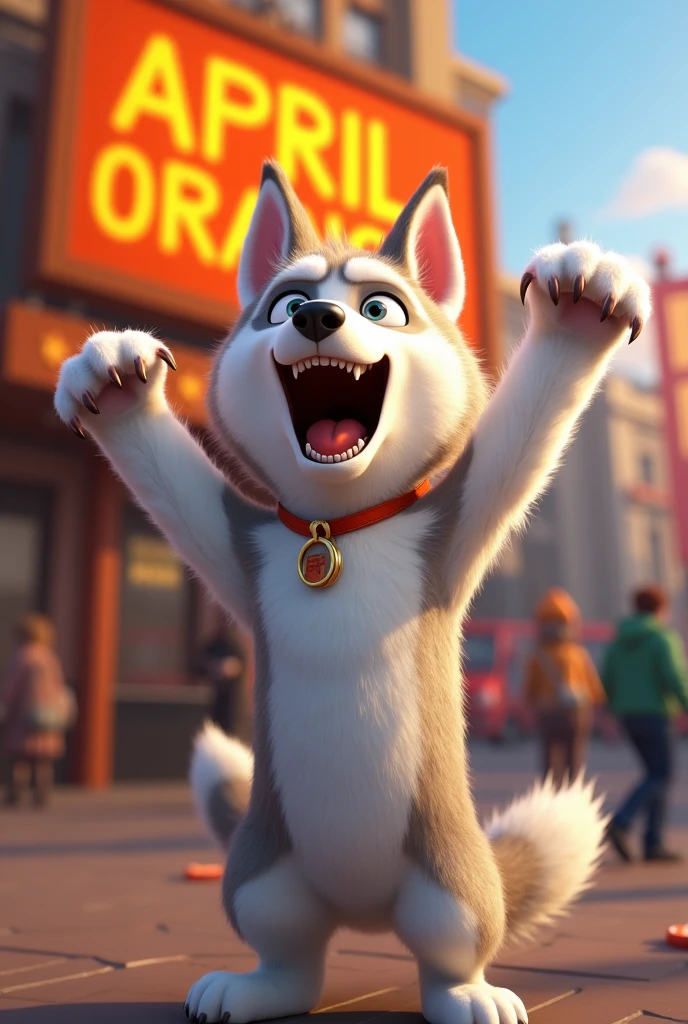A celebratory scene where the city’s people cheer and celebrate Jack, the white dog Wear black cape , now recognized as the city’s hero, with banners that say “Super Dog, night time