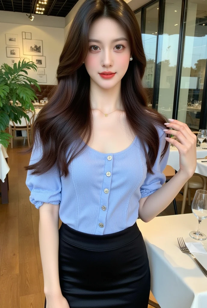 ,(tareme:1.4),kind eyes,huge breasts,(thick thighs),(beautiful japanese woman),pointy nose,straight hair,look at viewer,off-the-shoulder blouse,pleated skirt,shiny skin,sitting and spreading legs on sofa at cafe,24 years old,tender smile,sexy laced undies,no make-up,(upskirt),close up,