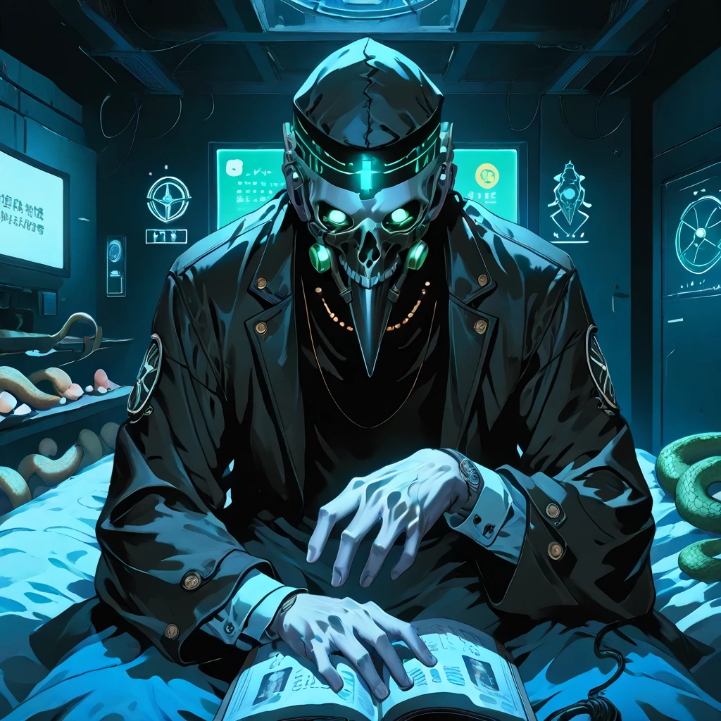 "An evil skull day trader sitting in front of several computers trading in the financial market on the mt5 platform, high quality image. Add the text to the image "Eder Santo Professional trader investments the terror in the financial market"