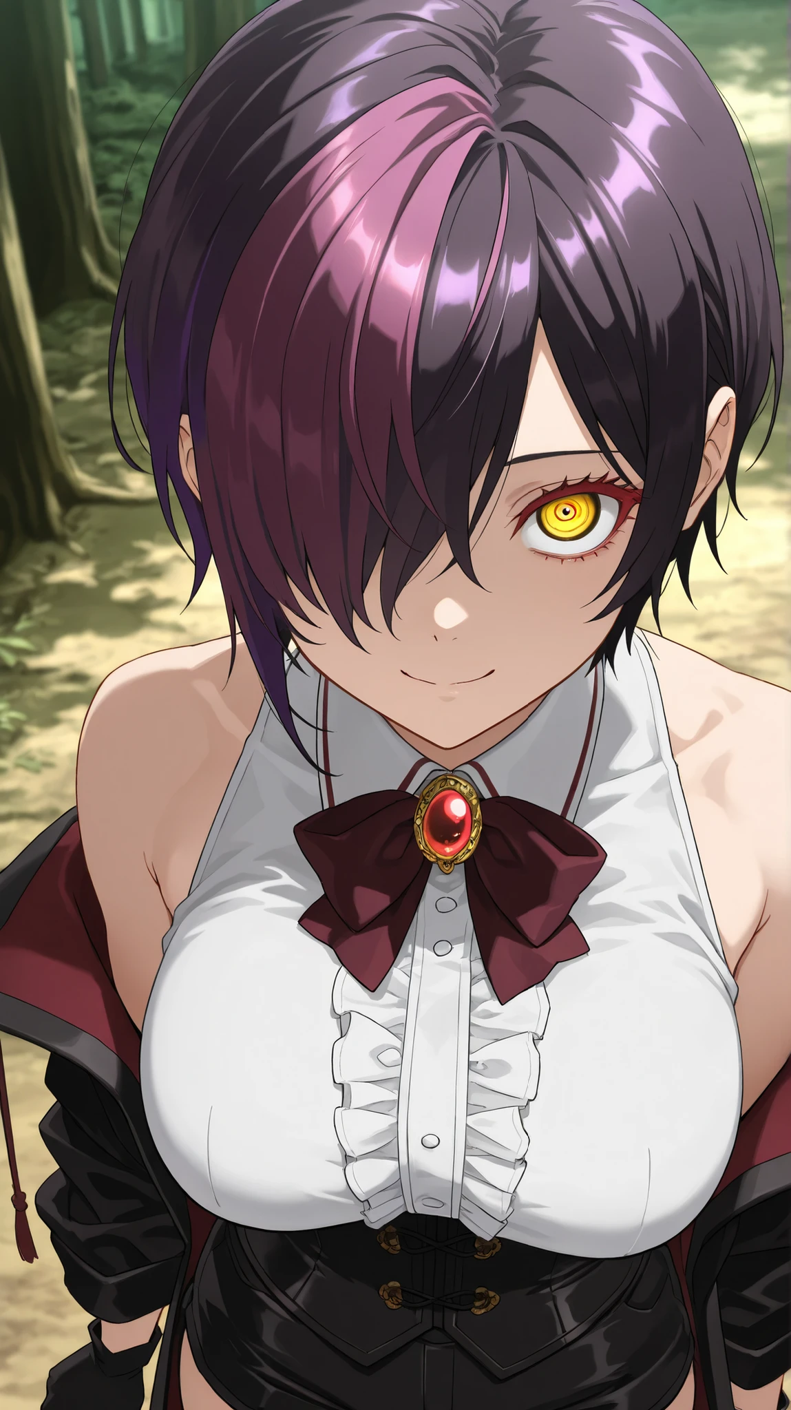 nihiro ,ishura
High quality ,  best quality , masterpiece,  High Resolution , anatomically correct,anime Coloring
Detailed hair color(LoRA:nihilo), Detailed Hairstyle(LoRA:nihilo) 
1girl,solo, Cool woman, adult
, black hair, purple hair, streaked hair (hair over one eye ,purple hair,),hair over one eye, yellow eyes, red eyelashes, short hair, breasts
, white collared shirt, sleeveless, off shoulder, black open coat, center frills, wine bowtie, red brooch, black corset, black short shorts, black gloves,  
looking at viewer , close-up,upper body,from above
, Forest,,
, expressionless, cruel smile,crazy eyes
