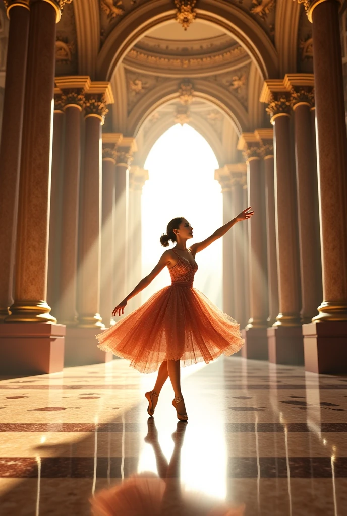 A ballerina in a ballerina tutu and pointe shoes is in the center of a bright, golden ballet hall, the hall is filled with people, there is a large chandelier on the ceiling, which gives off a golden hue, There are large window frames on the walls, on the sides of the windows there are red long curtains, there is a Christmas tree in the corner of the hall, there is a garland on the tree and a huge star on the top of the tree, the entire hall is decorated with colorful New Year's toys