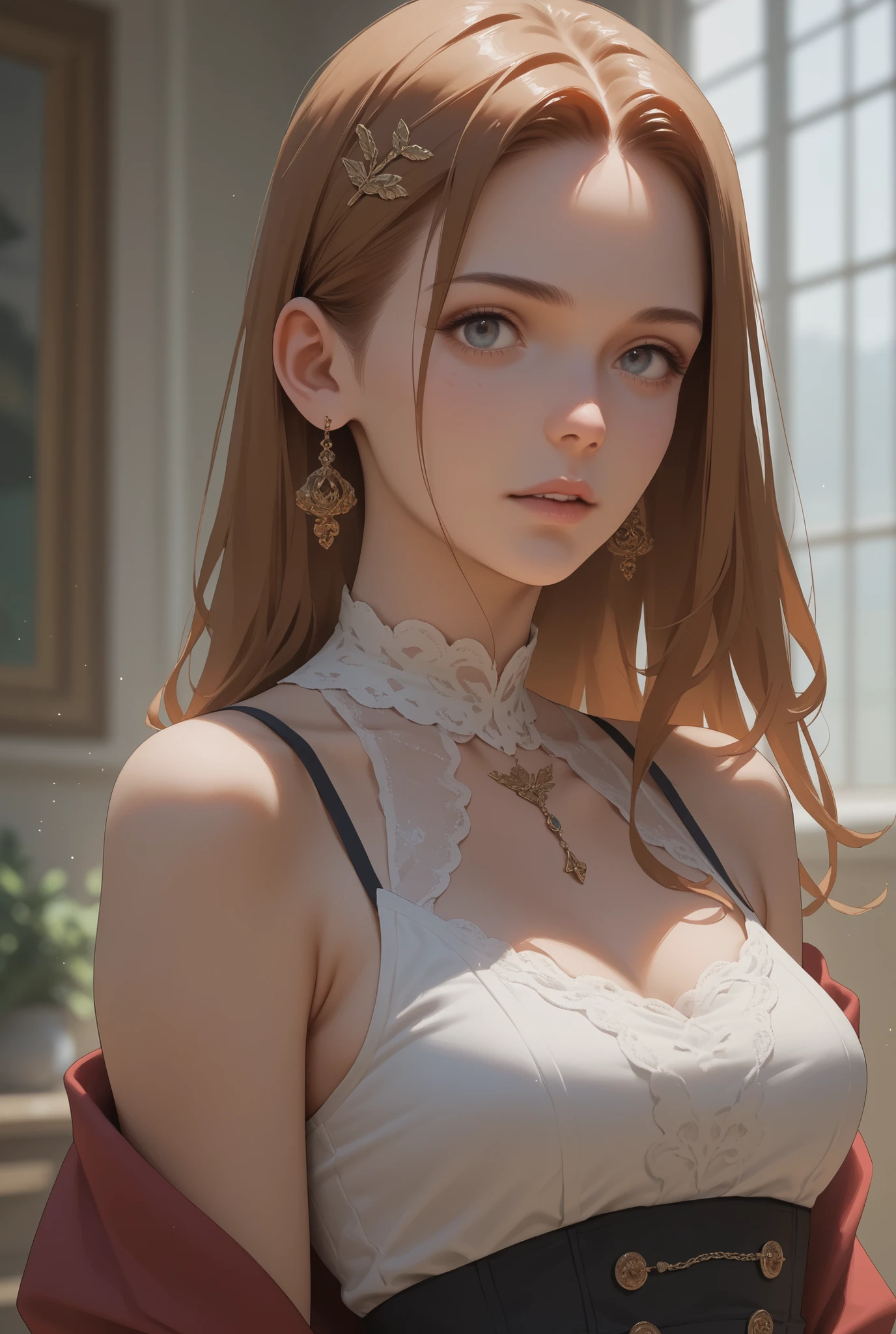 (RAW Photos: 1.2)、((masterpiece))、((Highest quality)、16K、Textured skin、Cinematic lighting、White camisole、(Skimpy small breasts)、(Slender, small chest)、1 person、Beautiful small breasts、Light brown hair、Cute teenage girl