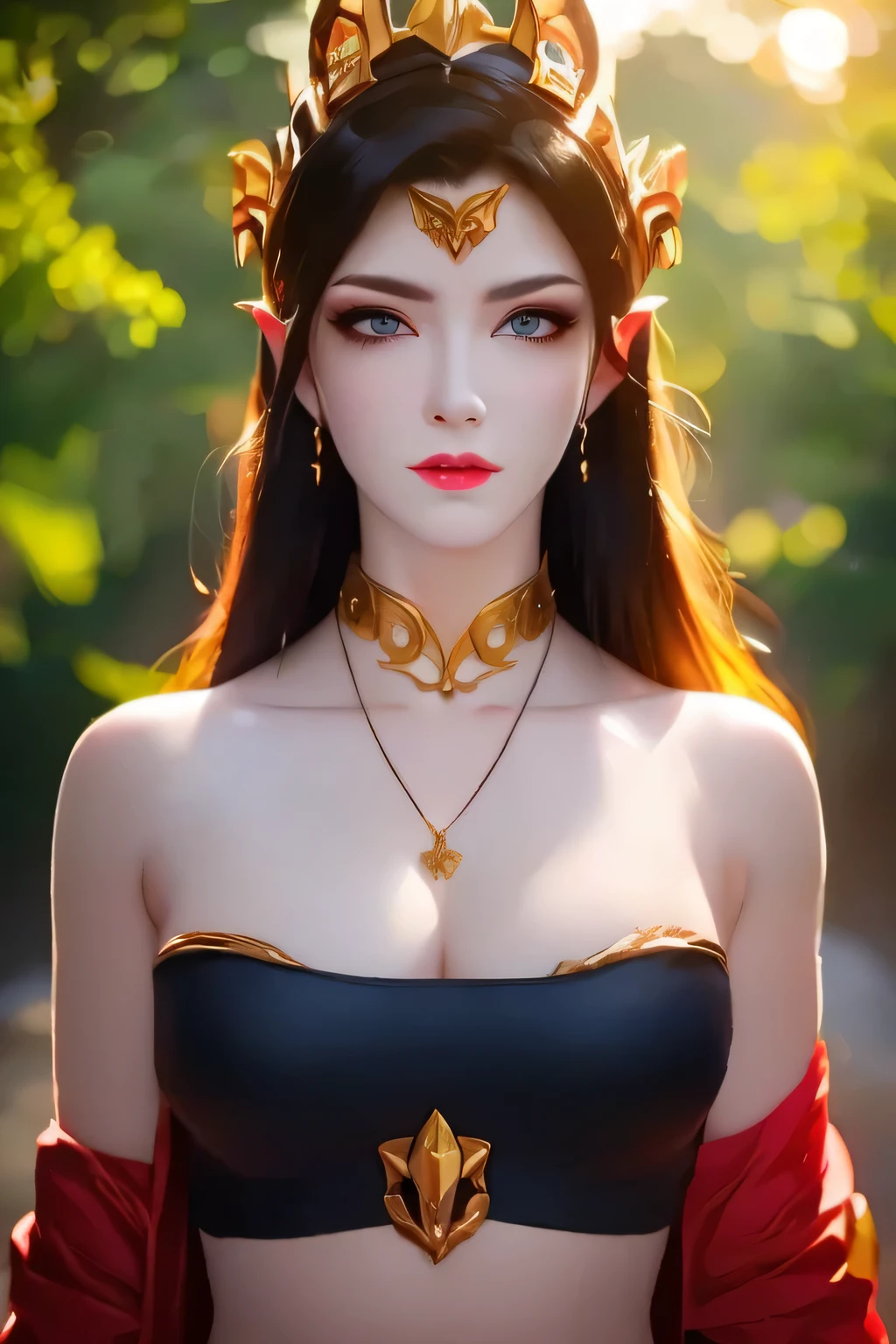 One 20 year old girl, breast 1.1, navel,upper body,bare shoulders,wears red tube top,red skirt, blue gems,shiny skin,hand in own hair,(mature female),milf, beautiful cai lin, deep blue eyes, jet black long hair, face symmetry 8k resolution high quality.                                                              background: around the garden surrounded by Sakura trees with fluttering sakura petals,         
Image from head to thighs, hourglass figure, bare round shoulders, exposed midriff, a tilak on her forehead,ornamental logo on her forehead, snake crown, necklace, earings with blue gem, long black hair bangs, pointy ears,golden bracelet,Bright lightening under the sun through sakura canopy. High quality 16k resolution,( HDR :1.5), cinematic look, ultra-detailed,ultra lightening, (photorealistic :1.2), long thin straight eyelashes, dense black eyelashes,sharp eyes, diamond shaped head, straight nose, closed heart shaped lips, front view pose looking at viewer, sexy, 