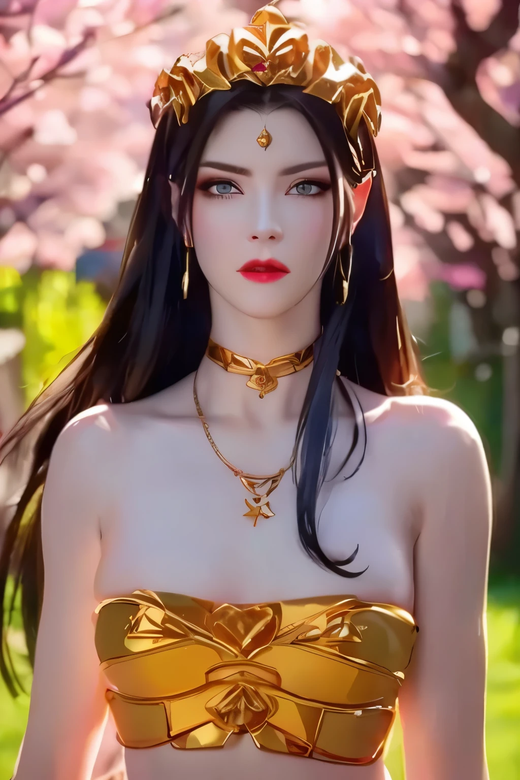 One 20 year old girl, breast 1.1, navel,upper body,bare shoulders,wears red tube top,red skirt, blue gems,shiny skin,hand in own hair,(mature female),milf, beautiful cai lin, deep blue eyes, jet black long hair, face symmetry 8k resolution high quality. background: around the garden surrounded by Sakura trees with fluttering sakura petals,
Image from head to thighs, hourglass figure, bare round shoulders, exposed midriff, a tilak on her forehead,ornamental logo on her forehead, snake crown, necklace, earings with blue gem, long black hair bangs, pointy ears,golden bracelet,Bright lightening under the sun through sakura canopy. High quality 16k resolution,( HDR :1.5), cinematic look, ultra-detailed,ultra lightening, (photorealistic :1.2), long thin straight eyelashes, dense black eyelashes,sharp eyes, diamond shaped head, straight nose, closed heart shaped lips, front view pose looking at viewer, sexy,