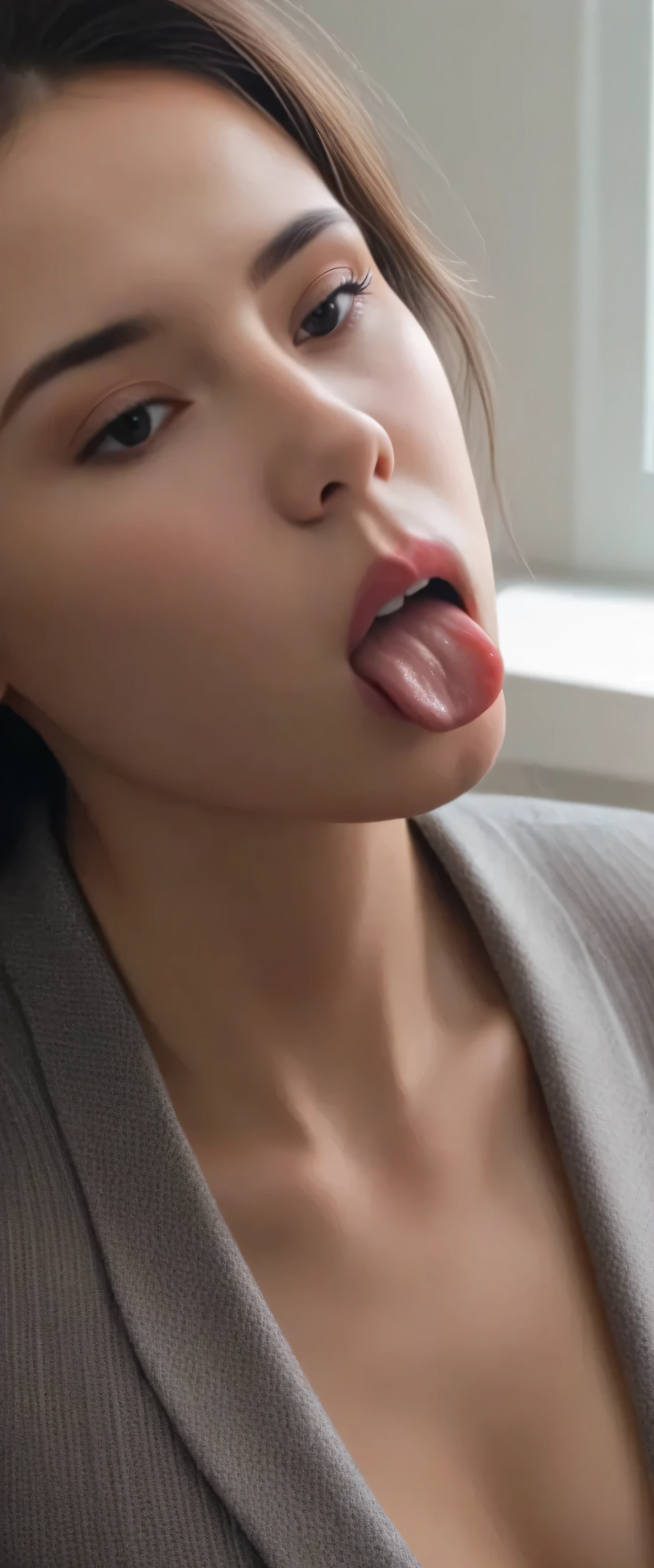 there is a woman with two big dicks in her face, his face flushed and sweaty, thick red lips, cumshot, erotica