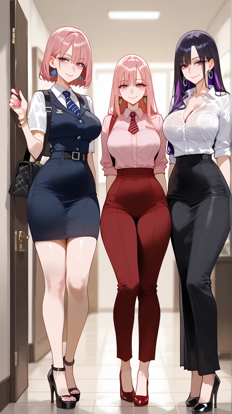 absurderes, 8K ,A high resolution, Ultra detailed, Beautiful, Masterpiece, Best quality, (Beautiful and delicate silver eyes), (3girl) ,Three sexy beautiful young women in office OL (Office Lady),white button-down blouse,There is a collar,Black Slit Skirt,(Black pantyhose),Long legs ,Detailed legs,High heels,Side ponytail , bangs,full bodyesbian,Big breasts,cleavage,Green hair,Blue hair,Pink hair,