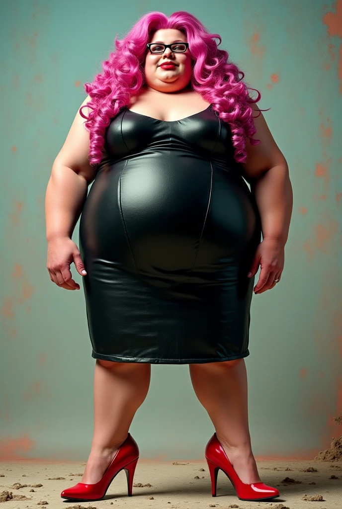 Extremely obese woman, wearing a loose pink dress, fat blob, far rolls, immobilized by her weight, very long wavy neon pink hair, a big belly, saggy belly, gluttony, hanging belly, sitting on a pink plastic chair