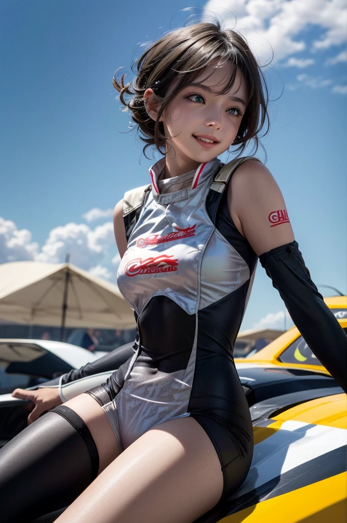 A girl wearing a driving suit , Sit on a car, Race Queen,, Racetrack, blushing face , Dark Hair (Best quality:1.1), (Masterpiece:1.4), 1fille, (cheveux volumineux)+ , ((cheveux)++, cheveux longs , (Yeux Bleux) , (big lips)+, peau brillante, brillant, Lovely Smile, Detailled car, High resolution