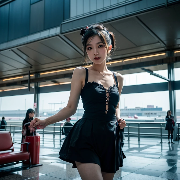 (full body shot), ultra high res, The highest quality, 32K, masterpiece, (no bra, black sleeveless open chest, turtle neck shirt, mini skirt, and black long boots), (portrait), ((1 female)), (A scene in the security checkpoint in the airport, nearby full body scanner gate), nervous and anxious face, (exposed huge cleavages, squat pose), pink suit case with her, realistic shaved armpits,