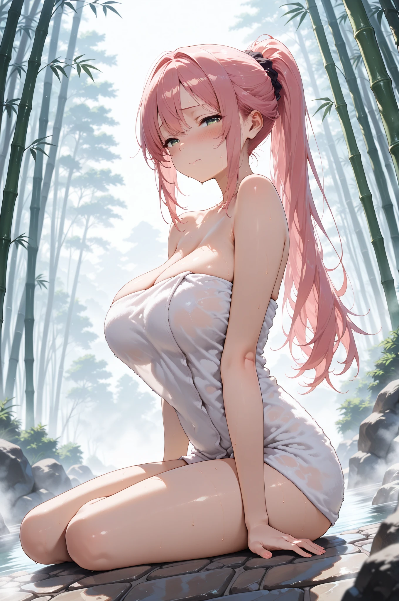 Pink Hair、Big Breasts、in the forest、Naked Apron、