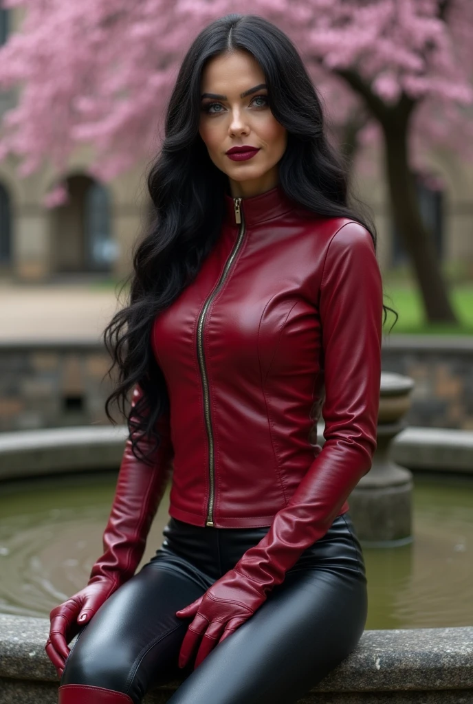 Highly detailed, long hair, gentle smile. red tight leather intricatesparkly jeans, leaning on wall. dark ambient. background moon. full shot. far shoot, beautiful girl