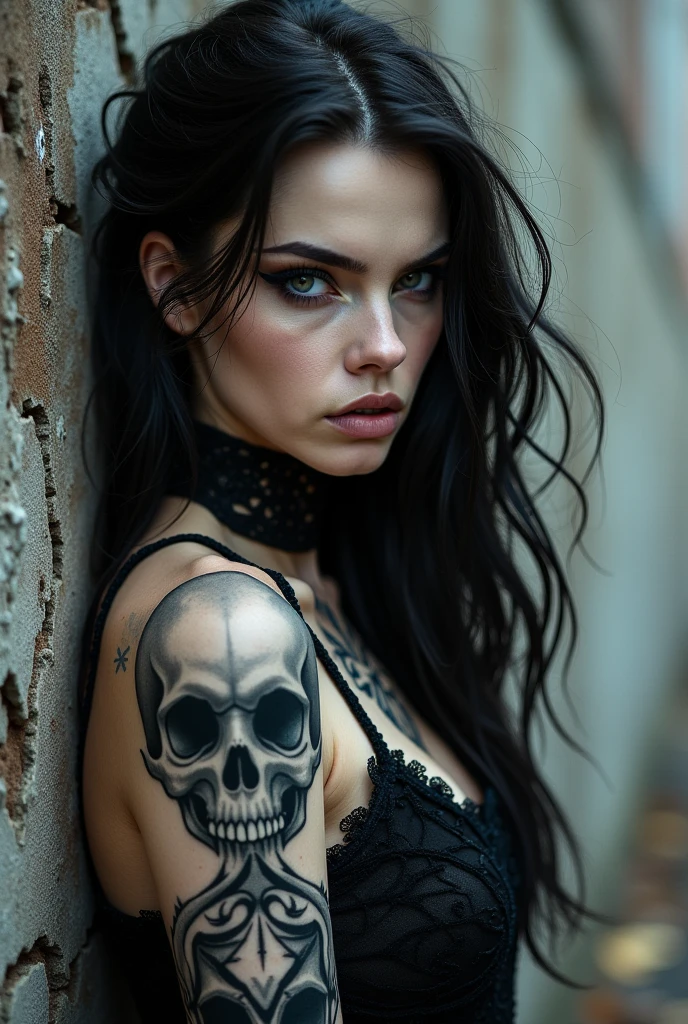 Gothic woman undresses showing vagina. She has a skull tattoo on her breast..