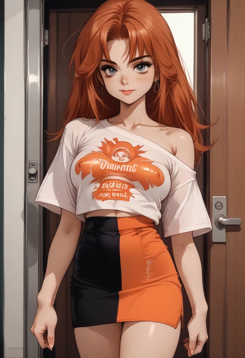 Sunsethuman, medium breasts, lush breasts, voluminous breasts, firm breasts, five fingers, detailed hands, two hair tones, red and yellow hair, wearing an oversized shirt, shirt off shoulder, sitting on a bed, (pokies)