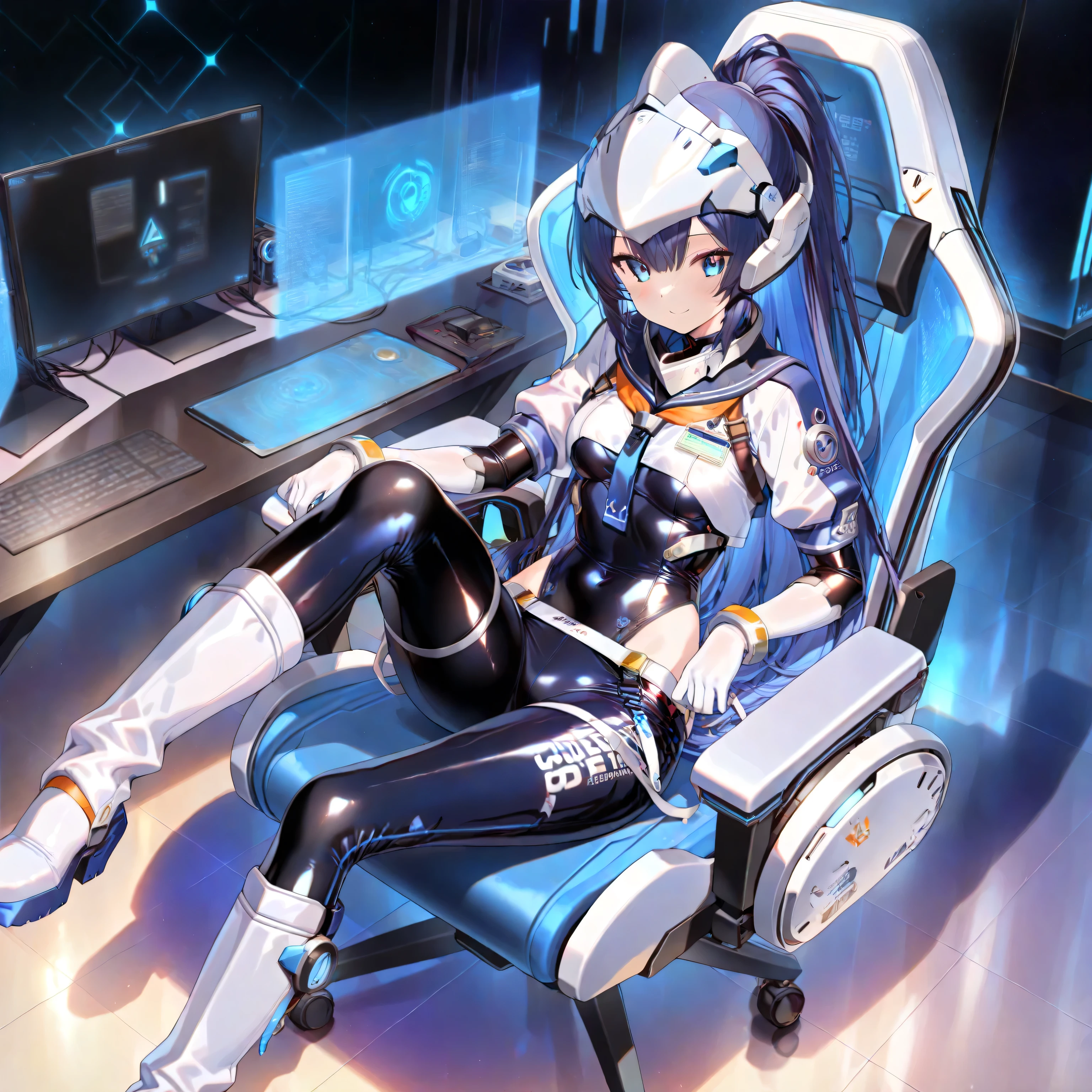 Mechanical elements,Silver-haired girl,blue color eyes,Blue headphones,Wearing a heavy mech suit,Sci-fi sense,The background is the Earth,Yellow with blue combat uniform, outrun art style, in the art style of 8 0 s anime,morningglow,sitting on the stone,There is a cigarette in the mouth