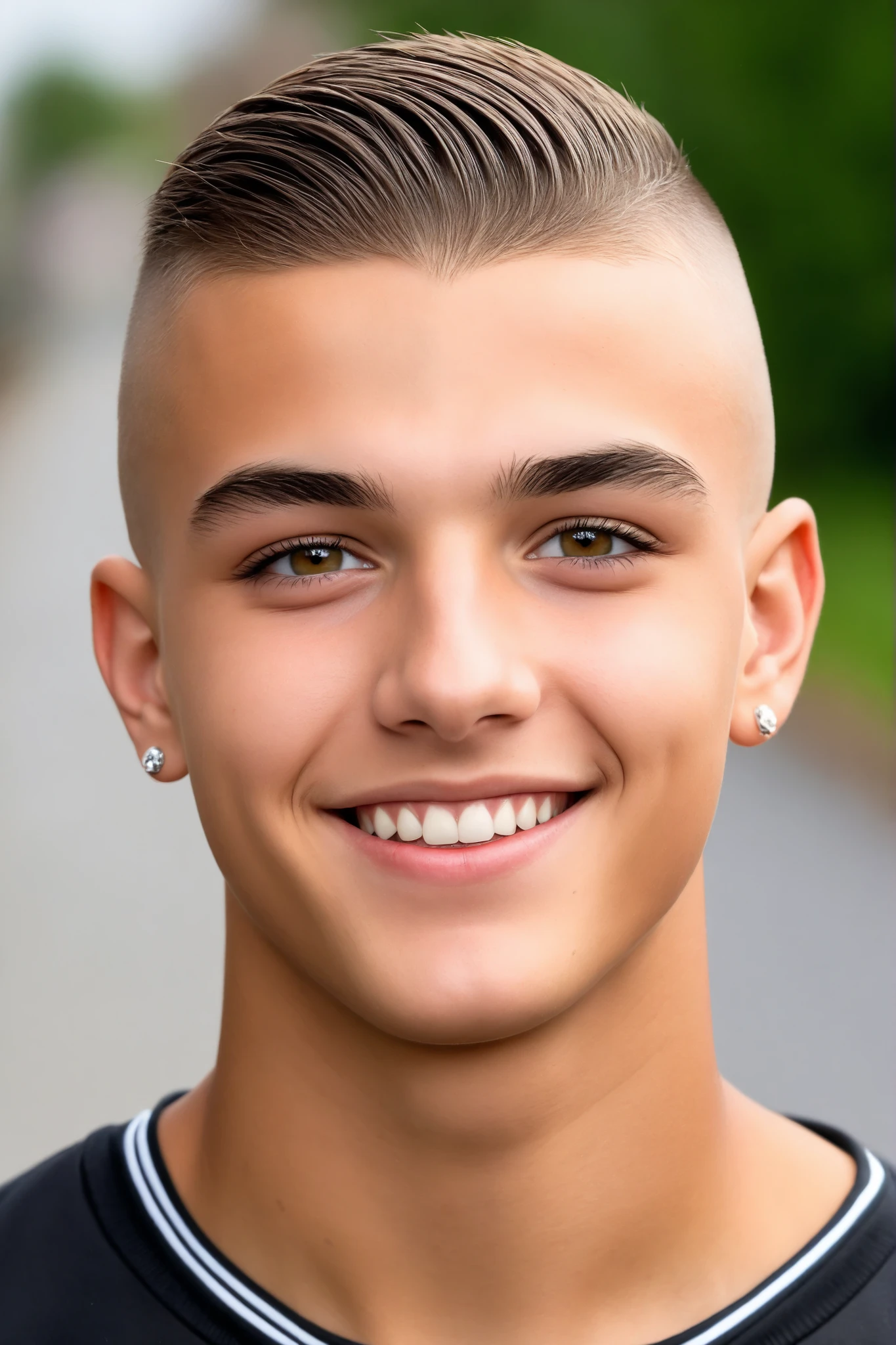 male aged 17, piercing eyes, buzzcut fair hair, lightly tanned skin, full lips, dimples in his cheeks as he smiles. wearing jogging bottoms.