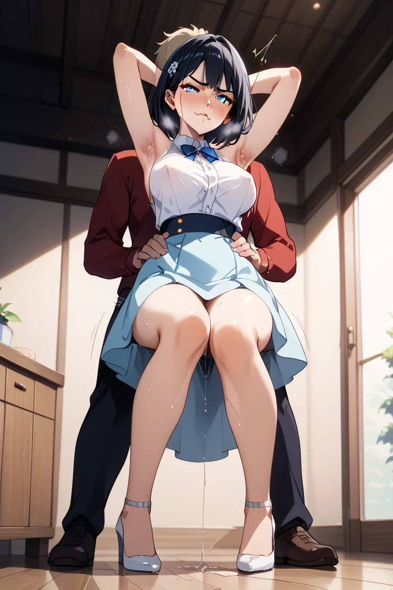 best quality,ultra-detailed,high resolution,extremely detailed CG,perfect anatomy,detailed,cinematic lighting,beautiful detailed eyes,ultra high res,pov,1girl,MILF,milf,gleaming skin,oil skin,large breasts,wide hips,skindantation,sweat,humid,clothed,curvy,blue red pink white,dashed eyes,(seductive smile:1.8),(sweat:1.2),(open mouth:1.3),(dress:1.8),(long layered skirt:1.6),layered skirt,nsfw,(Lift up the skirt:1.4),(micro panties visible:1.3),(cameltoe:1.2),(love juice:0.7),
frown,angry,contemptuous,disdain,hate,(blush:0.4),looking down,elegant,active angle,dynamism pose,(open leg:1.4),long skirt,(Bend your knees slightly:1.1)