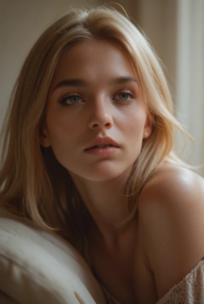 Young woman sitting on floor wearing white lingerie。. she唇を少し開けてカメラを見上げています。. sheピンクの髪をしている, blue eyes, she、She is a thin, white-skinned woman of Caucasian descent.。. she愛らしいと無邪気な顔をしていて、Has eyes like a deer。. (((Saliva flows from a slightly open mouth.、It runs down her chin and covers her exposed chest.。))), Cinema Lighting, chromatic aberration, Backlight, masterpiece, Attention to detail, high quality, 4K.