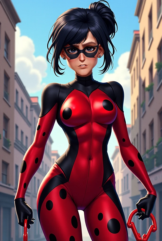 (big muscular female bodybuilder, beautiful detailed eyes, beautiful detailed lips:1.1,strong physique, two short pigtails,from brhind,big ass,(a bright red mask with five black spots that are in a symmetrical design around her eyes, a luminous vivid red superhero jumpsuit with a black turtleneck collar and black spotuscle(ladybug costume,ladybug outfit,ladybug costume,red and black mask),(muscle are visible in clothes)),(((((1 girl))))),((((((muscular)))))), tall, pale skin, (leotard), (solo), ((((from behind, big ass)))), lifting weight, muscular arms and legs:1.2, toned abs, powerful expression,sweating:1.1, bed background:0.9, intense focus:1.1, vibrant colors, dramatic lighting),rippling muscles,sturdy frame,dark tan,fit around the waist,tight abs,strong arms and shoulders,intense expression,determined look,well-defined muscles and veins,straining muscles,artistic pose,steely gaze,side lighting,powerful presence,vivid colors,dynamic composition,studio lighting,physically-based rendering,athletic build,bodybuilding silhouette,professional,gritty texture,bokeh.