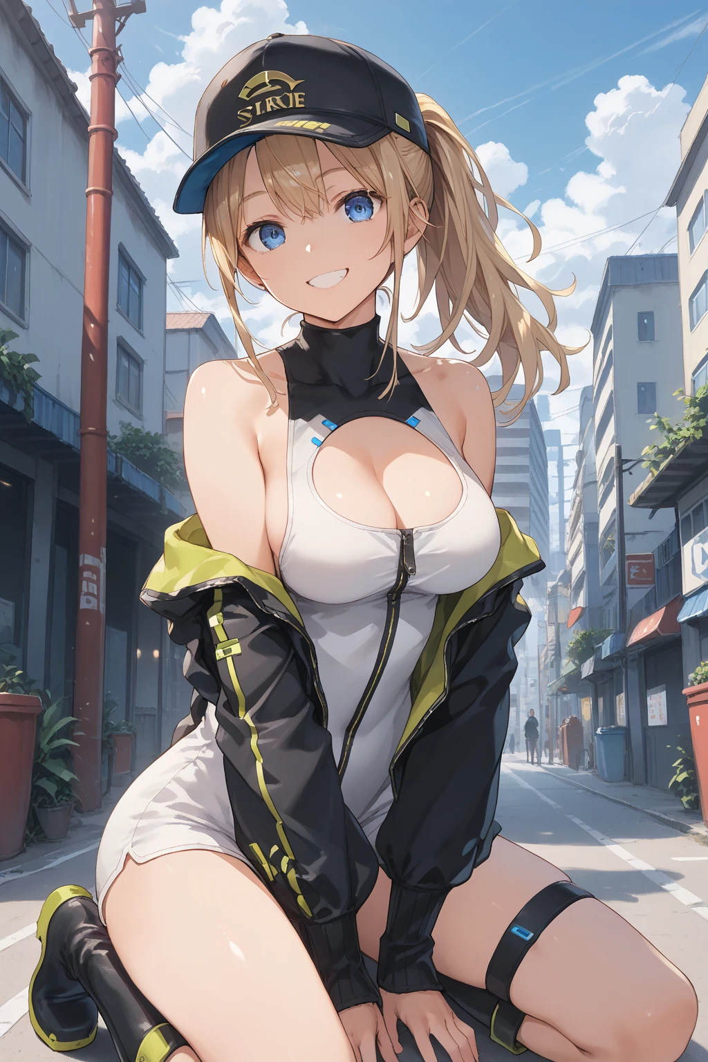 masterpiece,(ultra-detailed),1girl, mysterious heroine xx \(fate\), smile,open mouth, shrug, blue jacket, thigh strap, large_breasts, ocean, splashing, blonde_ponytail, ahoge, open_legs, 1girl, 18 year old female, Fate Grand/Order, anime style, ultra realistic, high detail, sexy pose, sexy, beautiful, exposed skin, slender, skinny, exposed breast, breast, nipples, nude, nudity, absurdres, high res, ultrasharp, 8K, UHD, retina, masterpiece, accurate, anatomically correct, perfect ???????, textured skin, super detail, high details, high quality, award winning, best quality, high res, looking at viewer, detailed eyes, four fingers and one thumb per hand, perfect hands, perfect finger, two arms only, no clothes, revealing, blonde hair, blue eyes