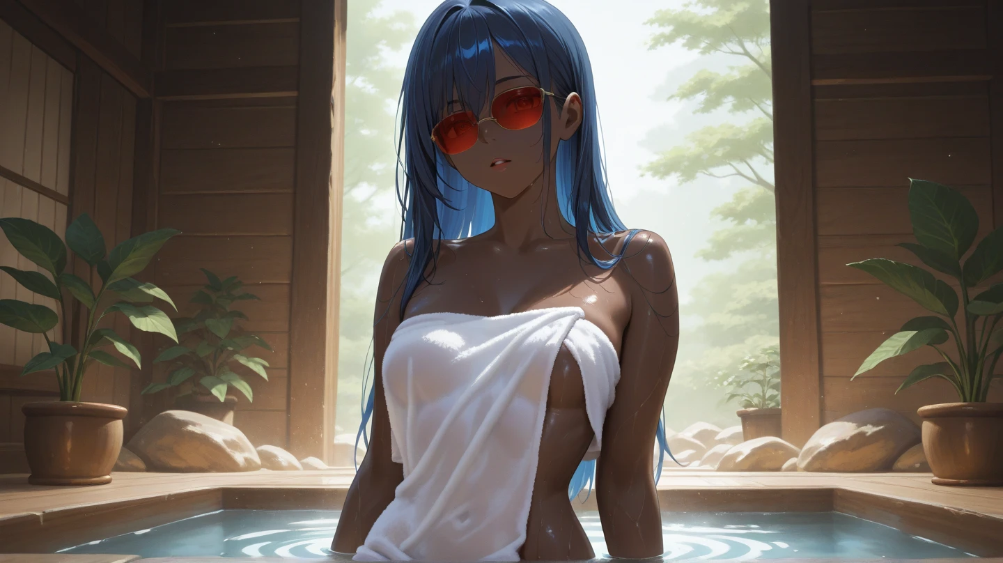 Nagatoro, big cleavage, bikini, barefoot, full body, big bust, kneeling, eye contact, looking at viewer, blowjob, choker