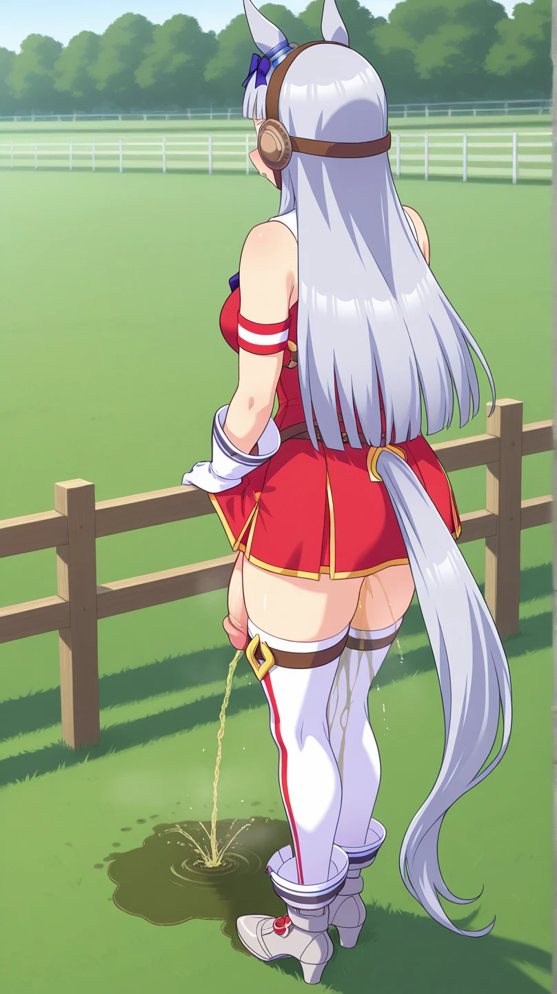Dark color depiction、(masterpiece, highest quality:1.2), alone, One girl, umpd gold ship, pillbox hat, Red dress,No sleeve, White Pantyhose, boots, Horse tail, in the forest、Back view、Low - Angle、Photographing a subject from below、See-through underwear、Underwear that gets wet、Wet clothes、Thick white love juice、Drip a large amount of love juice、Butt crack、Photograph your buttocks from directly below、On all fours、Spread your legs、Underwear wedgie、Big Ass、Spread your legs