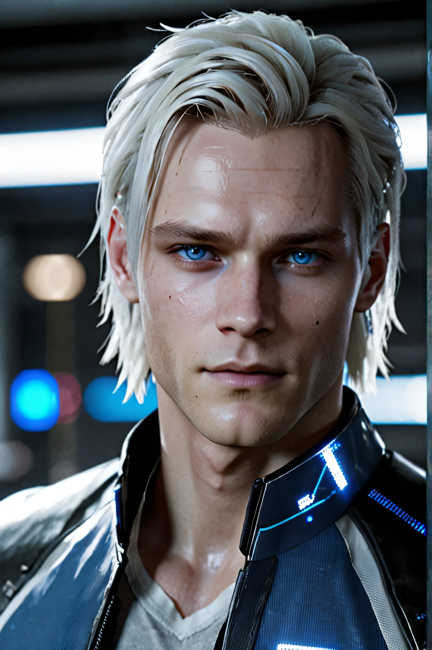 Detroit become human style, half Android, extremely handsome male, fit body, piercing blue eyes, light platinum blonde hair, looking at the viewer, 8k, HD, detailed, gorgeous, poreless skin, white skin, long hair, Messy Hair,
