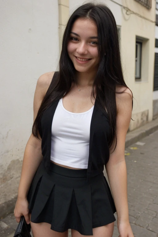 (beautiful 16 year old girl) ((black t-shirt, black skirt)) Beautiful, perfect face, (slender body) slender body, (black hair) (blue eyes) (white skin) beautiful body, western face, predatory eyes, lips pink vaginas, slim hips, thin thighs, collarbone, ribs, (happy expression, smile), full body, Western Beauty, thin nose, (location: sidewalk, street, urban neighborhood)