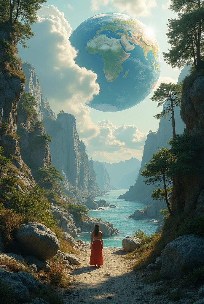 Highest quality,(masterpiece:1.2),Ultra-high resolution,Raw color photography,8K,Vast landscape photography,Realistic photos,Elaborate photos,A woman living on a water planet,,(From the back:1.5),(From below:1.2,Woman standing on a water planet,A vast pond spreads out before your eyes,City of Water,The sky is a vast universe,blue sky),Written boundary depth,Wide Light,Low contrast,Backlight,Sharp focus,Vibrant colors,Dynamic configuration