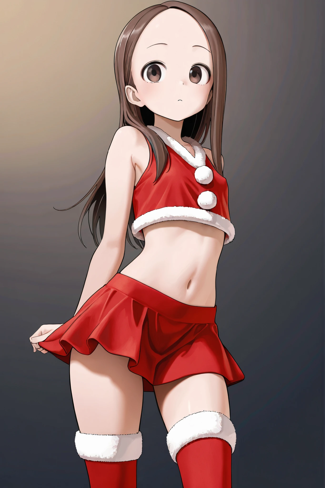1 Girl, Highest quality, Surprisingly complex, Round eyes, Happy, :D, Mid-chest,
Light brown hair, Medium Hair, , Tie your hair up,
In the distance, Cowboy Shot, Finger Heart,
Red dress, lace trim dress, Vertical striped dress,
In the igloo