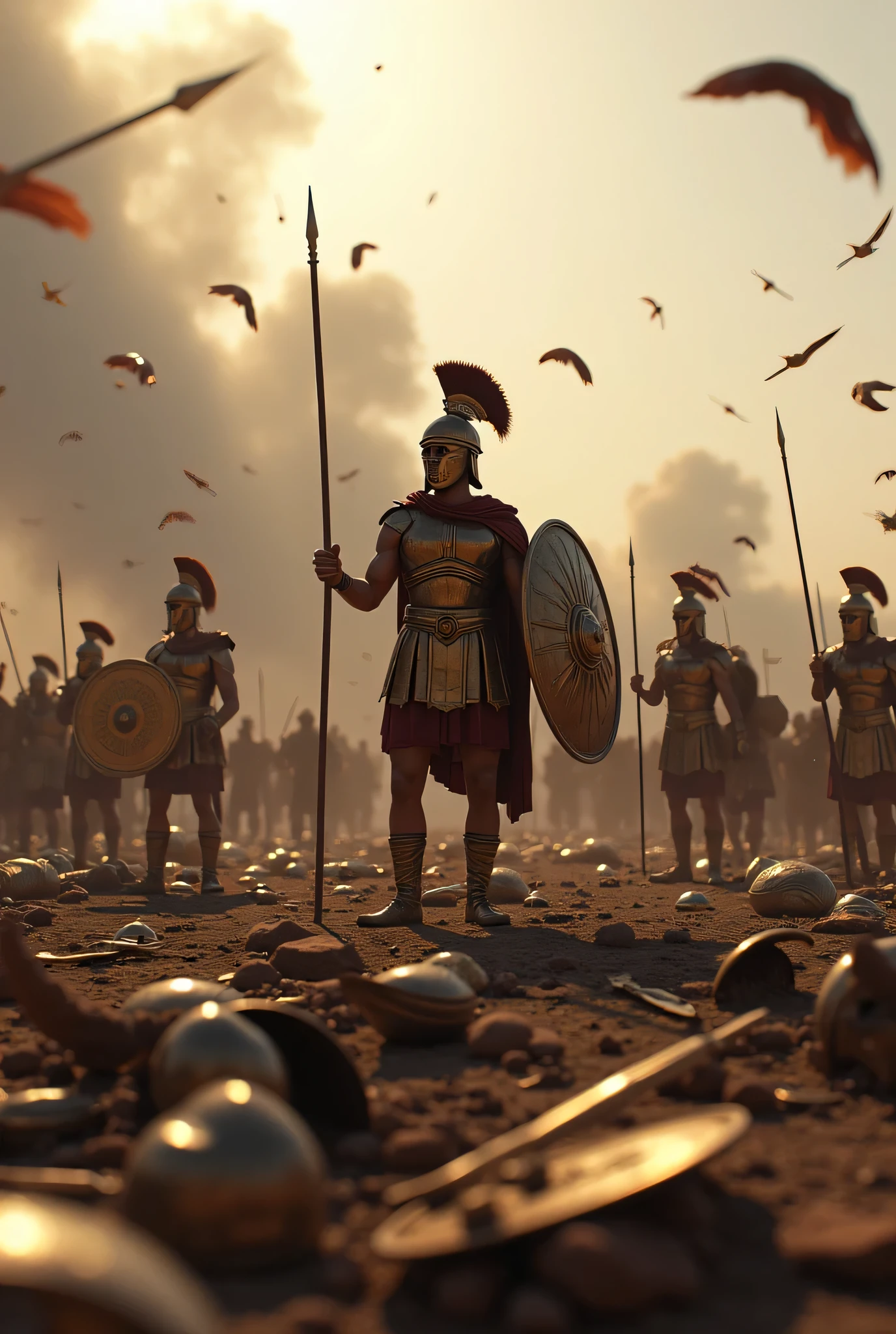 **Prompt:** Create a hyperrealistic digital artwork depicting an ancient, burnt battlefield from the Archaic prehistoric era, illustrating the devastating loss of the green Persian ry as they confront the victorious Greek hoplites. Focus on intricate details such as broken spears, shattered wooden shields, and fragmented persian armor, set against the backdrop of a smoky, desolate landscape. Employ a panoramic wide-angle perspective to capture the expanse of the scene. The composition should balance the chaotic aftermath of the Persian forces with the triumphant stance of the Greek warriors, showcasing full human bodies in realistic poses. Utilize Octane 3D rendering techniques with ultra-realistic textures, aiming for the best photography composition, incorporating a slow shutter speed effect for dynamic movement. The artwork should be rendered in RAW photo quality, emphasizing photorealism and a realistic depth of field, suitable for showcasing on platforms like CGSociety, unrealengine, and DeviantArt. Draw inspiration from Far Cry 5 game artwork to capture the essence of bronzepunk aesthetics while ensuring anatomical accuracy for the figures portrayed.