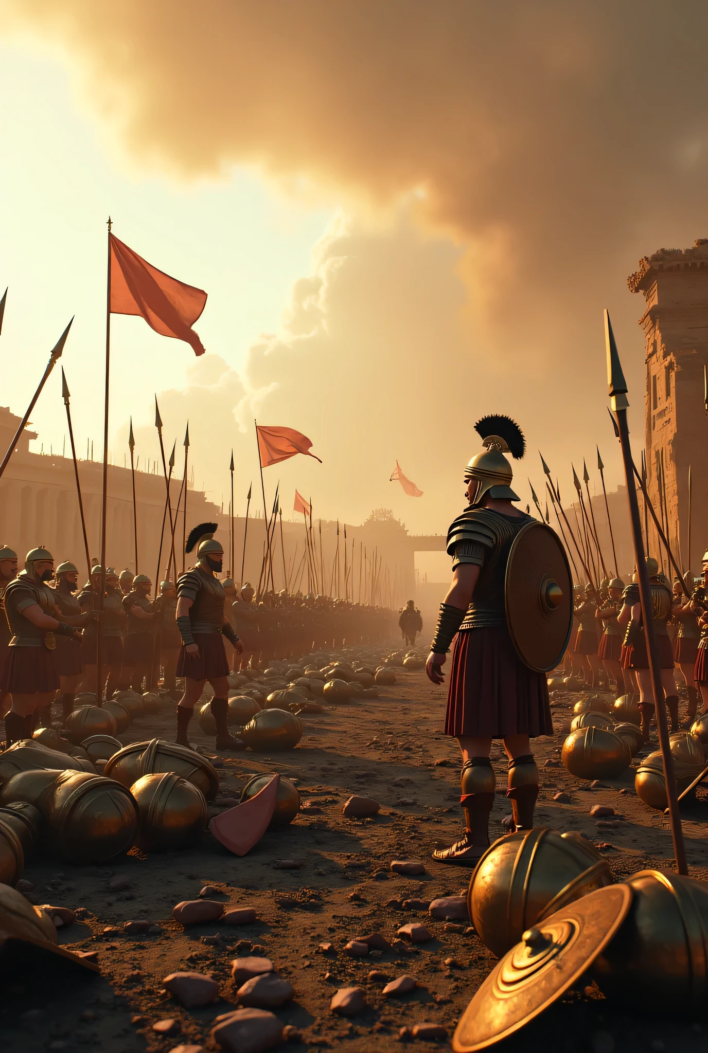 **Prompt:** Create a hyperrealistic digital artwork depicting an ancient, burnt battlefield from the Archaic prehistoric era, illustrating the devastating loss of the green Persian ry as they confront the victorious Greek hoplites. Focus on intricate details such as broken spears, shattered wooden shields, and fragmented persian armor, set against the backdrop of a smoky, desolate landscape. Employ a panoramic wide-angle perspective to capture the expanse of the scene. The composition should balance the chaotic aftermath of the Persian forces with the triumphant stance of the Greek warriors, showcasing full human bodies in realistic poses. Utilize Octane 3D rendering techniques with ultra-realistic textures, aiming for the best photography composition, incorporating a slow shutter speed effect for dynamic movement. The artwork should be rendered in RAW photo quality, emphasizing photorealism and a realistic depth of field, suitable for showcasing on platforms like CGSociety, unrealengine, and DeviantArt. Draw inspiration from Far Cry 5 game artwork to capture the essence of bronzepunk aesthetics while ensuring anatomical accuracy for the figures portrayed.