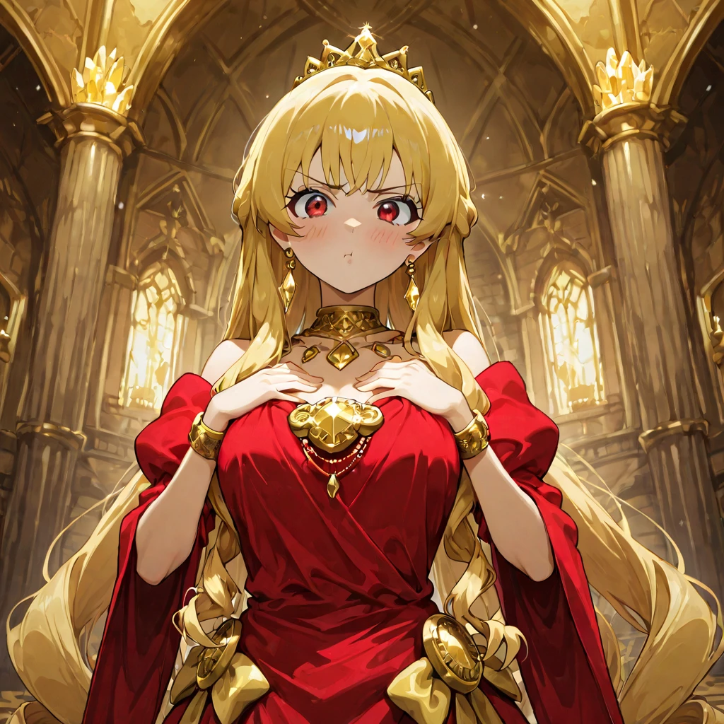 ((Highest quality)), ((masterpiece)), (detailed), (Perfect Face)、The woman is Tearju, with green eyes, medium-length blonde hair, and is wearing a Princess Zelda costume.、The woman is the princess of Hyrule and the wife of King Ganondorf.、The woman is embracing King Ganondorf on the large throne.