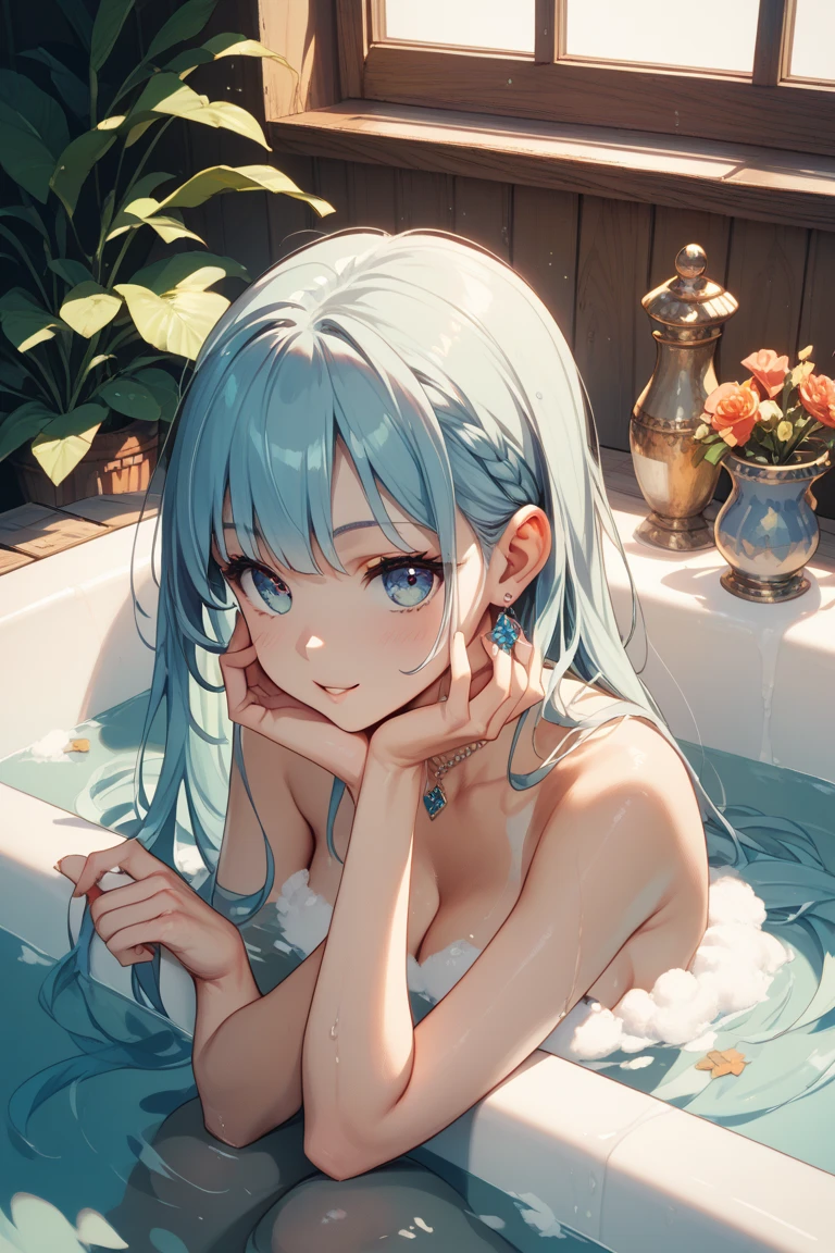 A beautiful goddess of water with long light blue hair is soaking in a hot spring with a bath towel wrapped around her body, dozing off and floating in the hot water.、full bodyesbian、​masterpiece