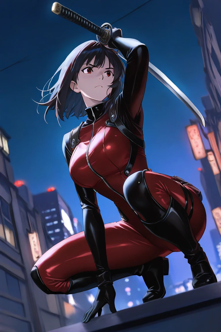 ultra-detailed, Explicit, Beautiful body, Beautiful Nose, Beautiful character design, perfect eyes, perfect face, ultra highres, 4K, beautiful legs, perfect legs, Nice hands, Perfect hand, Masterpiece, Best Quality, Highly detailed, illustration, absurdres, perfect anatomy, street fighter, doll suit, shadaloo doll, dollsuit, expressionless, blank eyes, looking at viewer, red gloves, emotionless, black latex, corrution, mind control, female combatant, full body, hypnotized, unhappy trance, full body suit, ribbed bodysuit, both arms at side, obey, perfect female body, extremely glossy latex, hypnosis, hypnoLora, empty eyes, Mind control device, poses, submissive_pose, Slave, standing straight, standing, standing at attention, hat, necktie, belt, latex, ribbed bodysuit, thighhighs, garter belt, Fighting Stance, extending the right arm from the shoulder into the air with a straightened hand, military, thigh boots, hair ornaments, black hair, short hair, green eyes, (((pixel-perfect, detail-perfect))), solo, 1girl, {kohinata_miku_senkizesshousymphogear:0.8}, Kohinata Miku ShenShoujing, Senki Zesshou Symphogear, bangs, ribbon, hair_bow, hair_ribbon, salute, saluting, military saluting