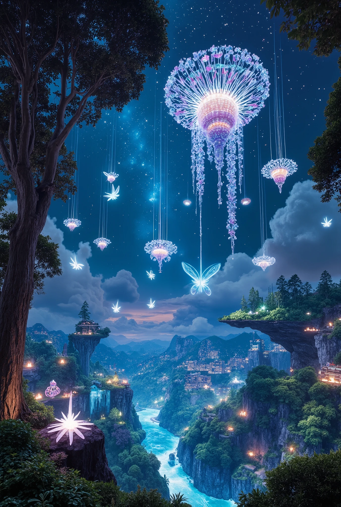 A vast, interdimensional space where a holographic ecosystem exists in a constant state of transformation. This ecosystem blends organic lifeforms and digital entities that interact within a virtual biome. Towering digital trees pulse with energy, their translucent leaves shifting colors as if breathing. Holographic creatures—some resembling geometric insects and others like fluid, serpentine beings—move through a landscape of floating islands and digital rivers. The entire environment glitches and morphs at unpredictable intervals, creating an ever-changing world. Time itself bends, with moments frozen in the air as 3D projections of past events, and new entities are constantly born from the data streams that float around. The atmosphere is one of surreal beauty and constant evolution, a dreamlike fusion of nature and technology. Ultra-smooth, IMAX cinematic quality, hyper-detailed photorealism, extreme realism. Epic. Hyperrealistic, Ultrarealistic, cinematic lighting, hyper-detailed, 8K, photorealistic.