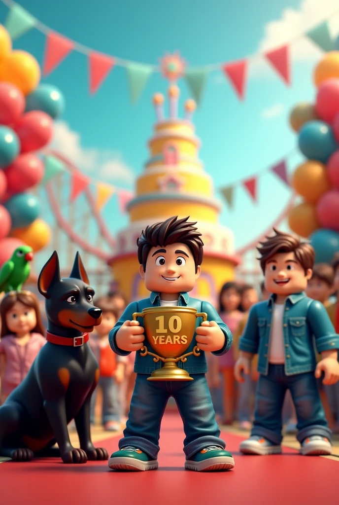 generate an image of a black-haired boy together with his golden dog preparing a birthday party with decorations in the background