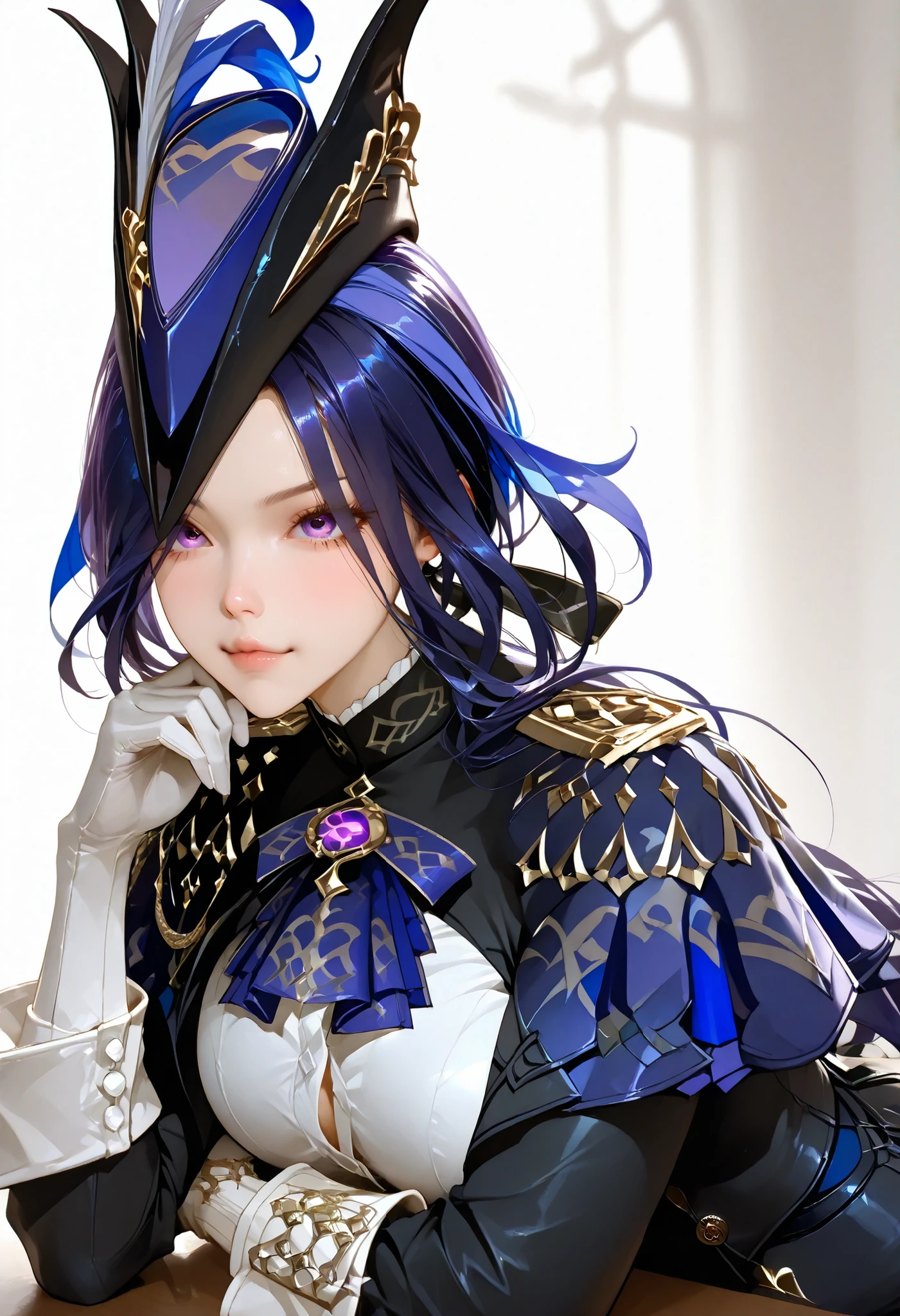 ultra detailed realistic busty clorinde half body, purple hair, purple eyes, clorinde uniform , background schoolgate, ray tracing, long hair, cute face, cute pose sexy,