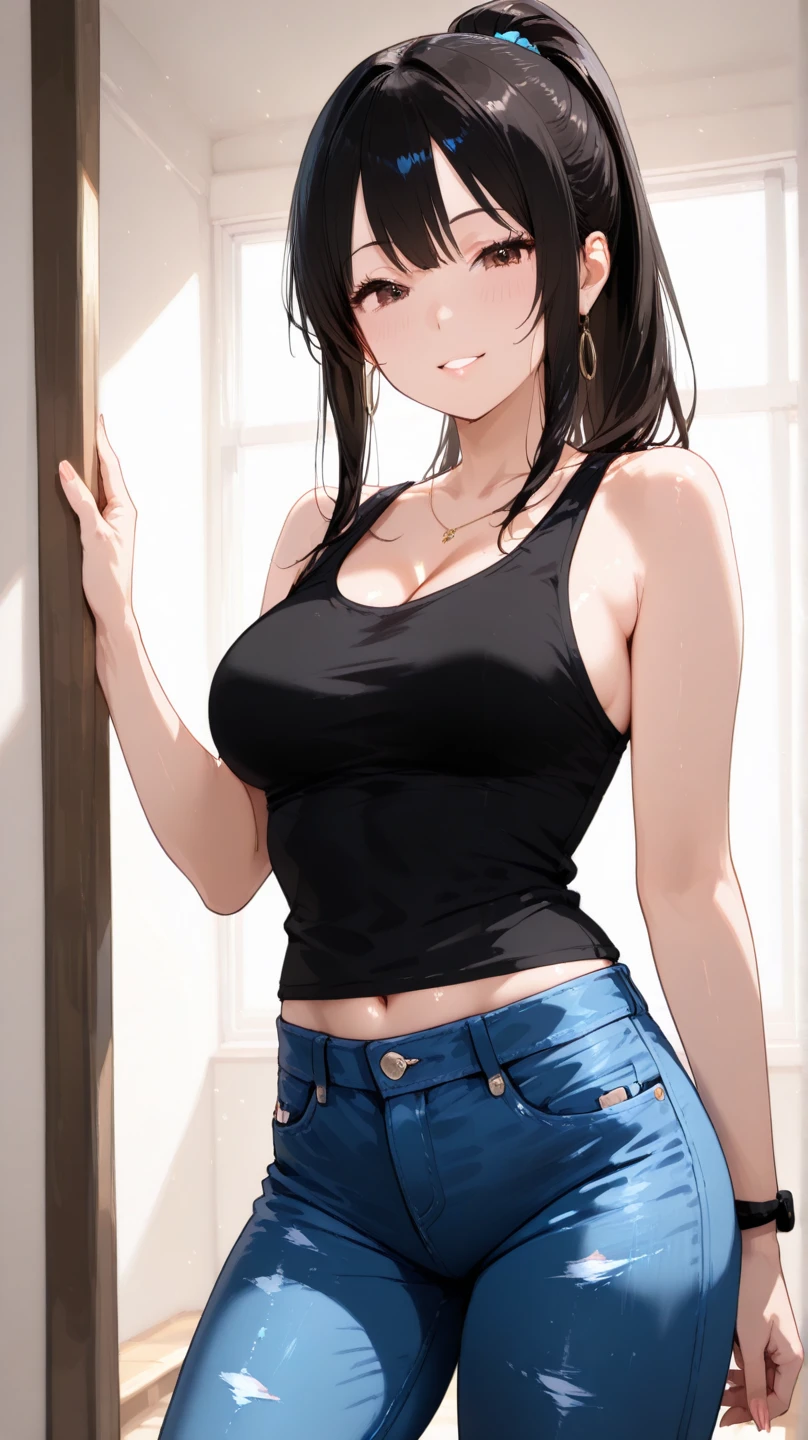 (best quality:1.5, highres, UHD, 4K, detailed lighting, shaders), brown ponytail, busty, off shoulder t-shirts, cleavage, shorts, sitting on couch, living room background, (pov, close shot)