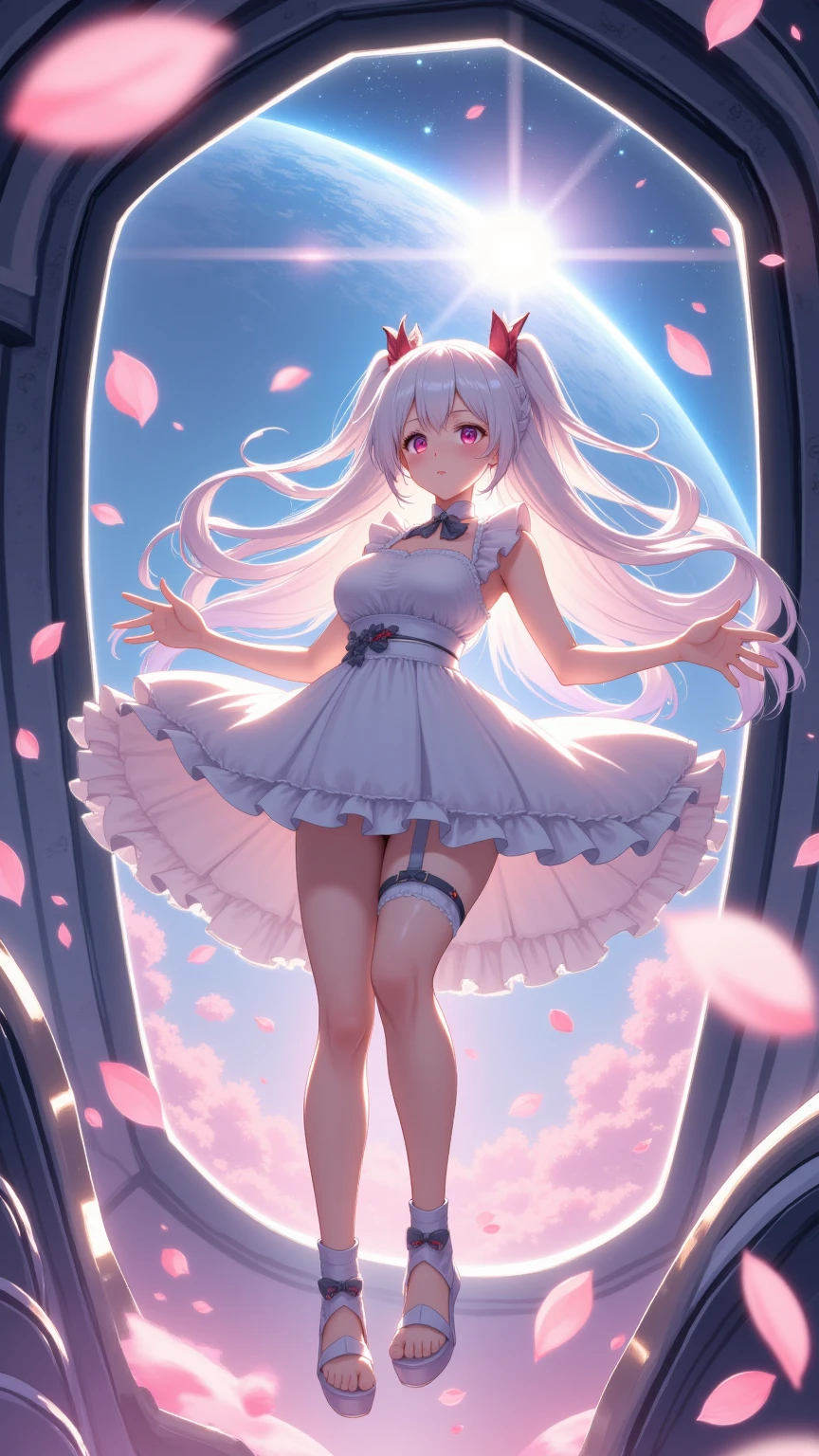 (tmasterpiece)、(top-quality)、(ultra - detailed)、(独奏)、Beautiful girl of s old、small、mediuml breasts,Shoulders bare、Emphasize cleavage、Thighs exposed、Long white hair,Shoulders bare、White super short lolita,-legged,Look at the camera shyly,Grasp the hem of the skirt and lift it up,(Clear liquid flows from thigh to calf),fully body photo,(pink panty)