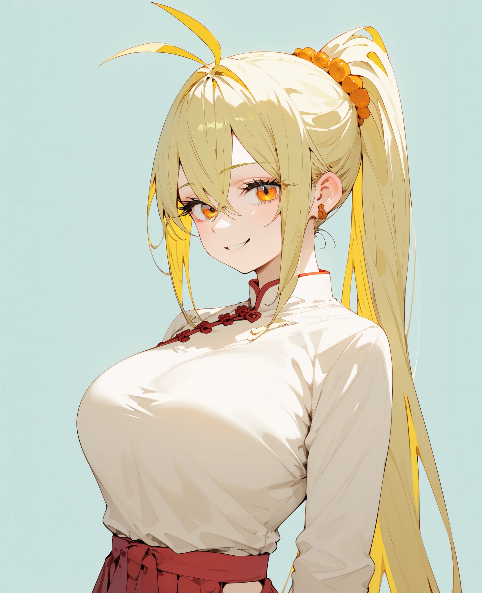 girl,yellow hair,In the orange eyes,Sun Wukong,Chinese dress,hakama skirt,With monkey tail,light green background,Big Bust, Tomboy,Ear Piercing,smile,long hair,Upper Body,Antenna , ponytail, multi colour hair,ผมสีน้ำตาล,long hairมาก,Multi-colored hair,Long Sleeve Shirt,Monkey ear ,Long Eyelashes
