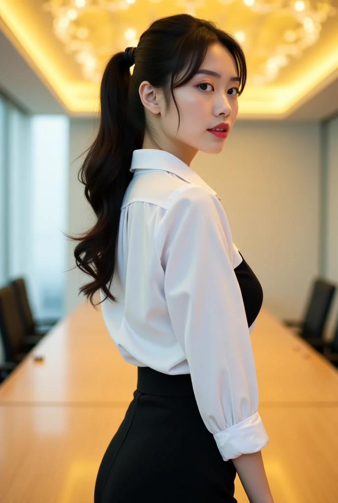 Han Julie is a young Korean woman in her 28s. Her hair is long and curv in a dark-blonde color. 
Her face is oval and marked by her large brown eyes, which carry a cold, unexpressive face. Her skin is radiant and clear, presenting an impeccable state of health and her curved lips. 
Her height is medium, her body athletic and defined, with the most charming and provocative. It contrasts and matches their personalities. 
She stands in her office with her back to the glassware marked by the view of the city in night  on her back, wearing a white shirt with loose tie while undoing 