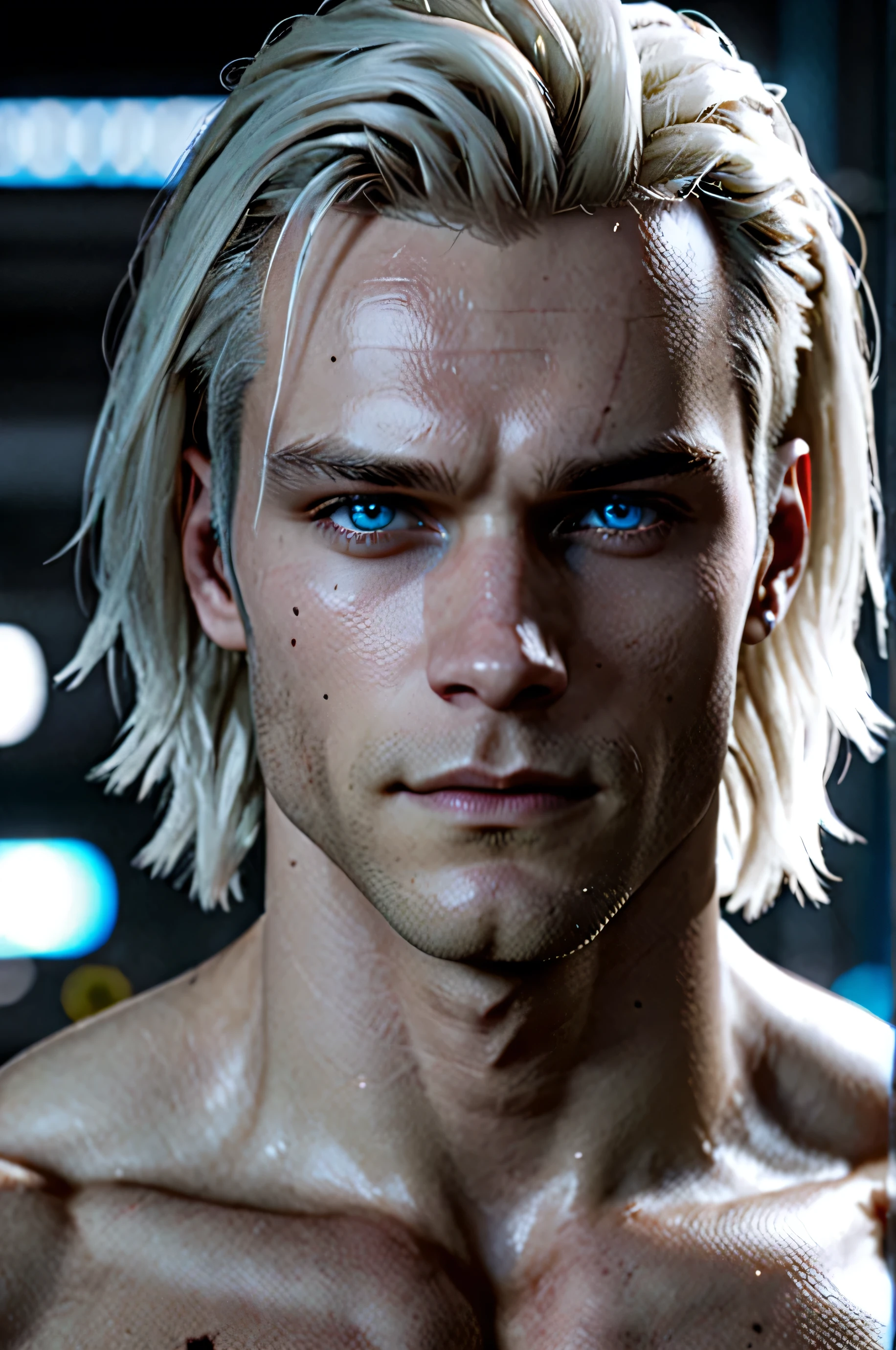 Detroit become human style, half Android, extremely handsome male, fit body, piercing blue eyes, light platinum blonde hair, looking at the viewer, 8k, HD, detailed, gorgeous, poreless skin, white skin, long hair, Messy Hair,