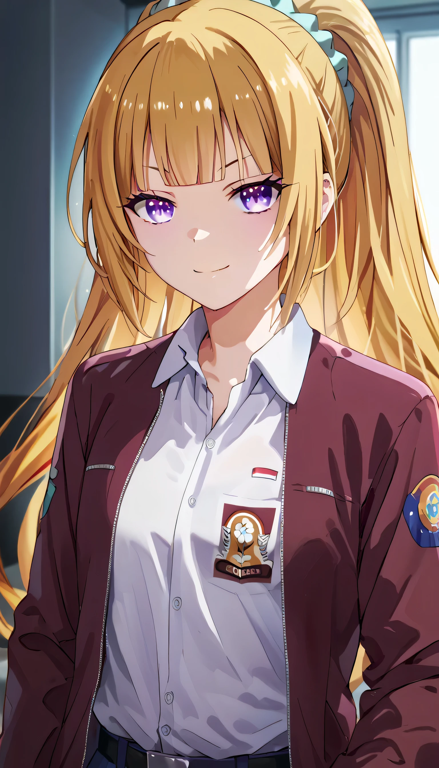 score_9, score_8_up, score_7_up, solo, 1girl, source_anime, keikaruizawa, kei karuizawa, long hair, bangs, blunt bangs, blonde hair, hair ornament, violet eyes, ponytail, scrunchie, ihsu,1girl, chihuri, smirk, glowing eyes, low illumination, medium quality
